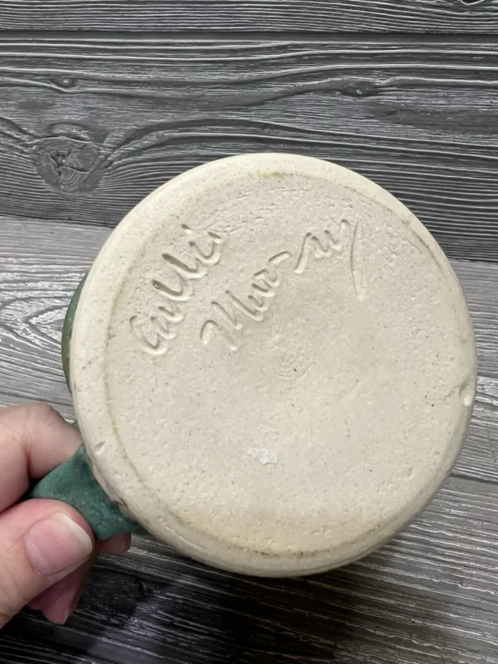 Handmade Ceramic Matte Glaze Coffee Cup Mug Artist Signed Rustic Green Textured